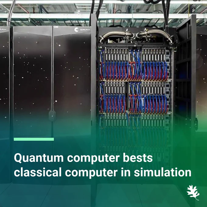 Quantum computer systems from IBM competing against classical computers in a simulation, displayed with visible cables and illuminated in green.