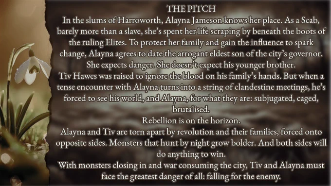 THE PITCH
In the slums of Harroworth, Alayna Jameson knows her place. As a Scab, barely more than a slave, she’s spent her life scraping by beneath the boots of the ruling Elites. To protect her family and gain the influence to spark change, Alayna agrees to date the arrogant eldest son of the city’s governor. She expects danger. She doesn’t expect his younger brother.
Tiv Hawes was raised to ignore the blood on his family’s hands. But when a tense encounter with Alayna turns into a string of clandestine meetings, he’s forced to see his world, and Alayna, for what they are: subjugated, caged, brutalised.
Rebellion is on the horizon.
Alayna and Tiv are torn apart by revolution and their families, forced onto opposite sides. Monsters that hunt by night grow bolder. And both sides will do anything to win.
With monsters closing in and war consuming the city, Tiv and Alayna must face the greatest danger of all: falling for the enemy.