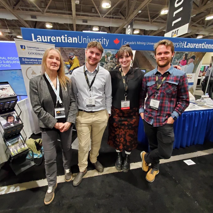 Faculty members, staff, and approximately 40 HES students attended PDAC in March 2025. Pictured (L-R) are Dr. Elizabeth Turner with students Rowan Perrott, Taylor Mugford, and Wieland Boehme at the Laurentian University booth.      