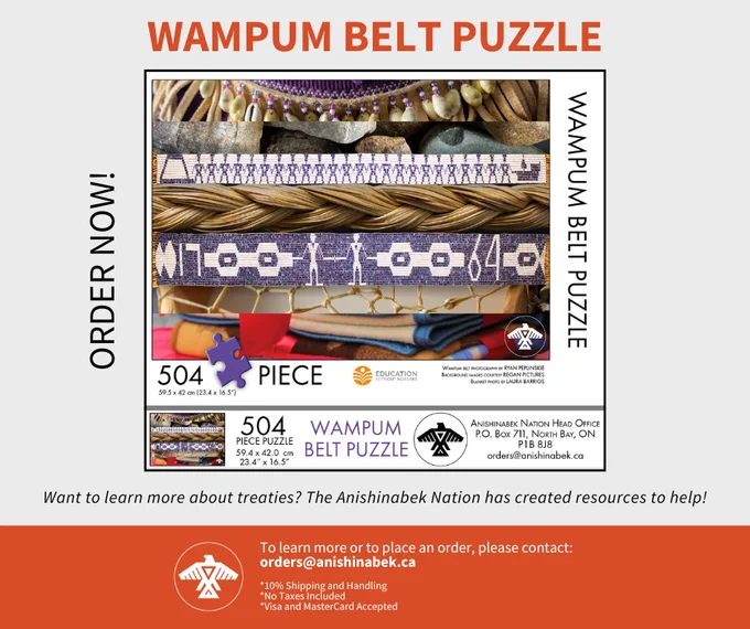 Want to learn more about treaties? The Anishinabek Nation has created a Wampum Belt puzzle resource to help! 192, 504, and 1008 piece puzzles available for $40 plus shipping! 🧩 #TreatyON

To place an order, visit: www.anishinabek.ca/wp-content/uploads/2023/10/UPDATED-TeachersResOrderForm-2023-09-29.pdf

Made in Canada.