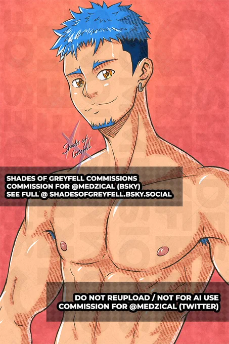 A portrait of Medzical's OC Kane, sporting a new shorter hairstyle and also shirtless.