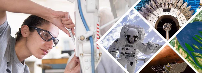 A collage of images relating to SBIRs: A woman wearing safety glasses while working on fixing a machine, an astronaut on a spacewalk, a satellite in orbit, a jet engine, and a image of wetlands from space.
