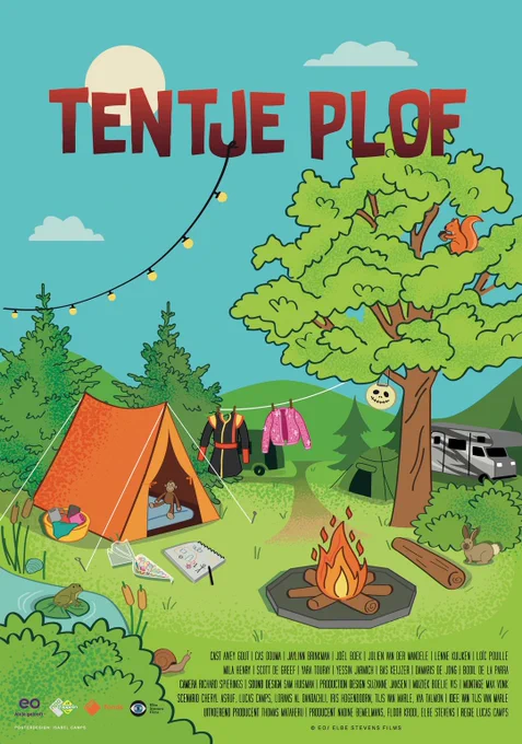 Serieposter Tentje Plof. Een kleurrijke illustratie van een tent bij een kampvuur in een bos.