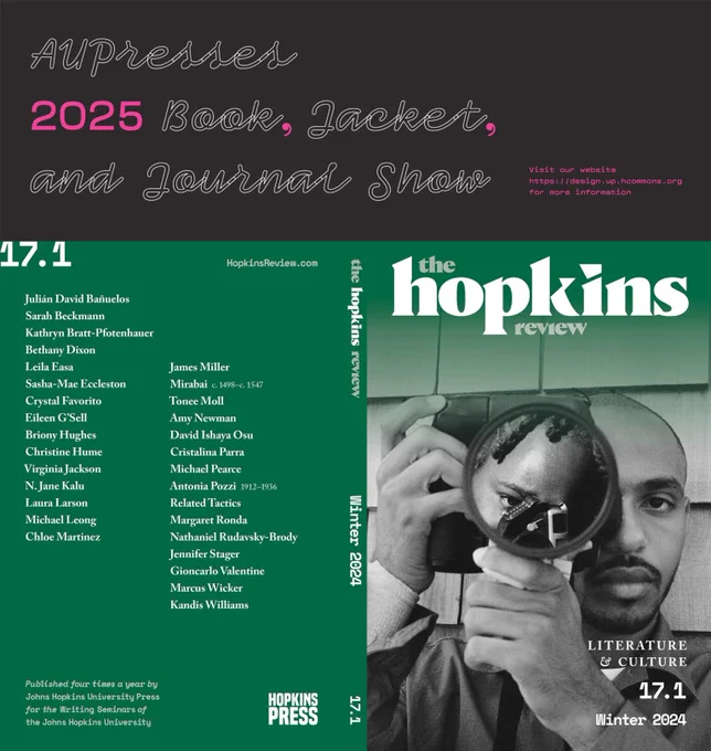 A collage including the logo for 2025 Book, Jacket, and Journal Show and the wraparound cover design for the Winter 2024 issue of The Hopkins Review