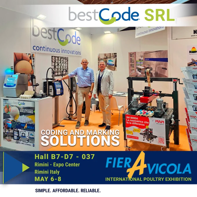 Day One at Fier Avicola – Rimini! 🇮🇹
We're excited to kick off the international poultry exhibition with BestCode SRL representing the BestCode Egg Coding Experts! 

From farm to packaging, accurate and reliable coding is essential. Whether you're looking to improve traceability, meet compliance standards, or simply streamline your egg marking processes, our team is here to help.

✅ Ready to discuss your coding and marking projects 
✅ Live demos and expert advice 
✅ Proven solutions for the egg industry

📍 Come visit us in Hall B7-D7 - 037 
Let's talk about how BestCode can support your production line with precision, performance, and peace of mind. Are your date coders aging and obsolete? Upgrade to BestCode! 
Learn more: https://www.bestcode.co/tradeshows
https://www.bestcode.co/products