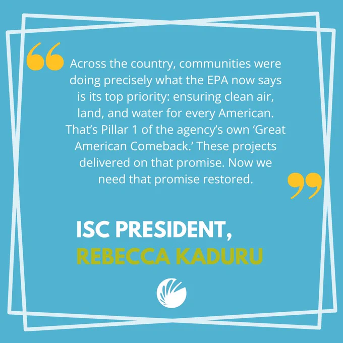 Graphic with a quote by ISC President Rebecca Kaduru emphasizing the EPA's commitment to improving air quality through the 'Great American Comeback' initiative. The background is blue with a decorative shell-like emblem at the bottom.