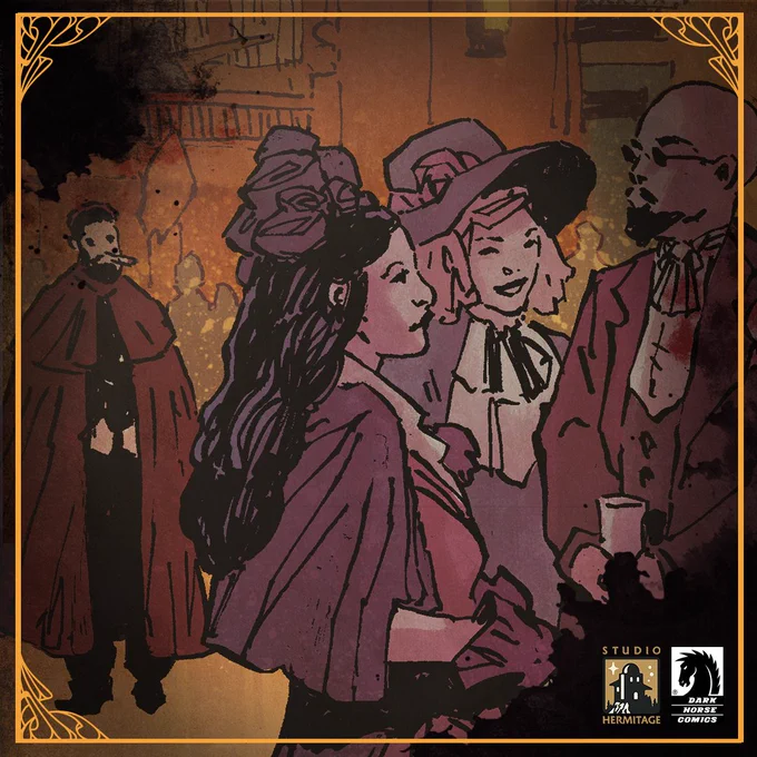 A bald man with dark glasses and a goatee chats with two women at a ball. A cloaked man with a cigar stands in the background. Studio Hermitage. Dark Horse Comics.