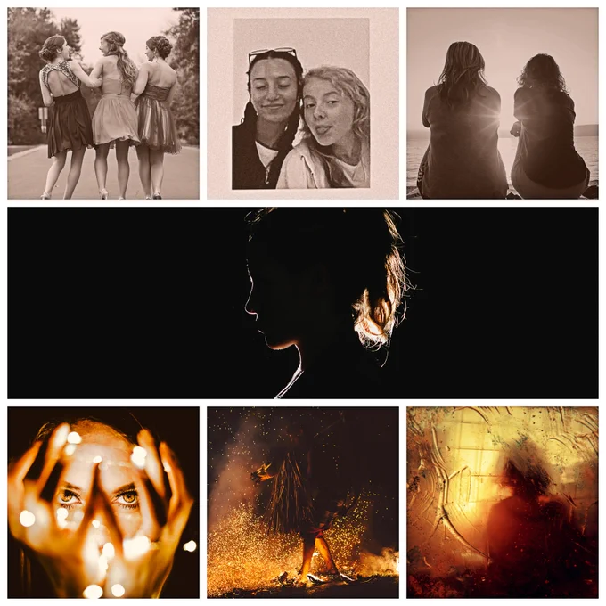A moodboard with 3 top photos, a long middle photo and 3 bottom photos. Along the top has a sepia nostalgic feel with an image of 3 girls in homecoming dresses laughing with each other, walking away from the camera, the next is a selfie of two girls. One has dark hair in braids, the other has blonde hair and sticks her tongue out. The third is of two girls watching the sunset. The sun sets between them, casting them as silhouettes. In the middle, the photo is mostly balks. A girl is backlit in a side profile, her hairs is pulled back. She's barely a silhouette. The bottom 3 images are warm oranges, blacks, and reds. In the first image, a girl holds her hands in front of her face, you can only really see her eyes that look at the camera. Lights glow between her fingers. The second you can only make out bare feet walking across coals, shooting sparks up around the figure and into the dark. The last looks like a girl's silhouette obscured through glass, colored red, orange, and yellow.