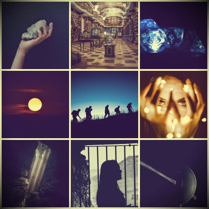 A moodboard of 9 images. From the top left, a hand holds a crystal rock. Second is an image of an older library--it's bright with marble floors. Third, blue D&D dice on a black background, they seem to glow faintly. Fourth, a sun sets in a dark sky, underexposed. Fifth, in the center, 5 silhouettes against a blue sky hike up a grassy hill. Sixth, a girl holds her hands in front of her face, her eyes are serious and aim at the camera and lights glow in-between her fingers. Seventh, a beam of light shines from a hole down into a cave. Eighth, a girl is silhouetted and looks out the bars of a cell. Ninth, is a closeup of the guard of a fencing sabre.