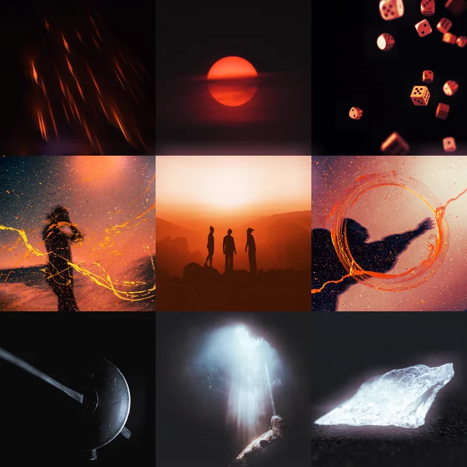 The upper two thirds of this moodboard feature a warm orange and black palette while the bottom third with more black and white with a close of on a fencing sabre’s guard, light shining down into a cave, and a crystal. The top two thirds have dice falling, an orange sub at sunset, abstract images that look like silhouettes casting magic, and in the center are three silhouettes backlit by an orange sunset, looking off into the distance.