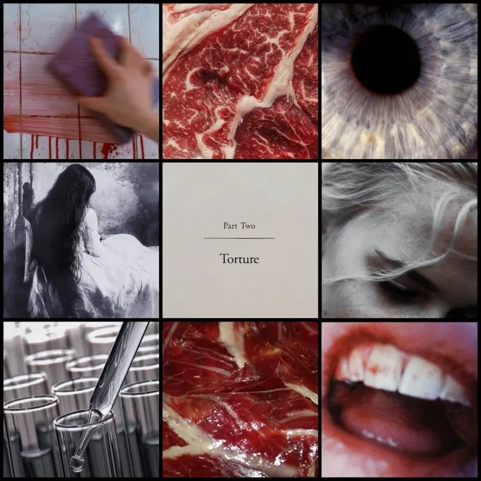 a nine image moodboard in red, lavender, white and silver tones
1. a white person cleaning blood off white tiles with a purple sponge
2. a closeup of fresh meat
3. an eyeball with a purple iris
4. a woman with long black hair and a white dress sitting in a corner
5. black text on a white background reading "part two: torture"
6. a pale person with silver hair
7. a dropper full of clear liquid being held over a glass vial
8. freshly cut meat
9. a person's mouth, half open, with blood on their upper teeth and lip