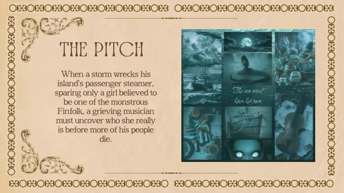 The pitch: When a storms wrecks his islands’s passenger steamer, sparing only a girl believed to be one of the monstrous Finfolk, a grieving musician must uncover who she really is before more of his people die. Moodboard: Evil-looking mermaids, a violin, poisonous mushrooms and passenger steamers on stormy seas, with a moody blue-green hue.