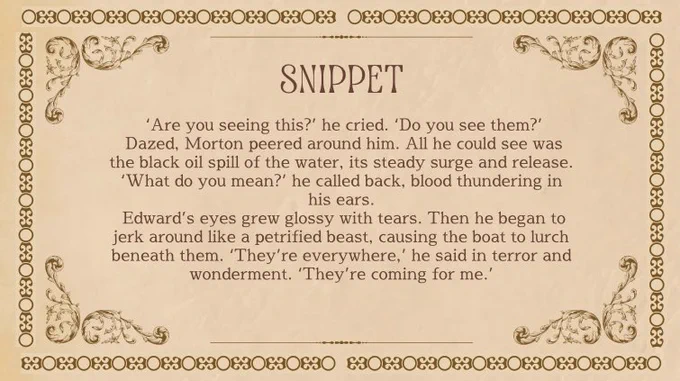 The snippet:  ‘Are you seeing this?’ he cried. ‘Do you see them?’
​ Dazed, Morton peered around him. All he could see was the black oil spill of the water, its steady surge and release. ‘What do you mean?’ he called back, blood thundering in his ears.
​ Edward’s eyes grew glossy with tears. Then he began to jerk around like a petrified beast, causing the boat to lurch beneath them. ‘They’re everywhere,’ he said in terror and wonderment. ‘They’re coming for me.’