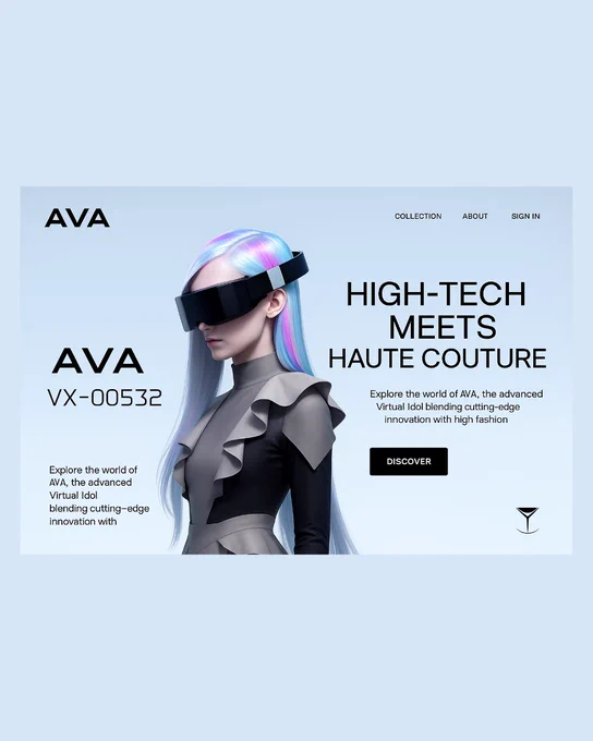 A digital promotional website hero section featuring AVA, a futuristic female avatar with iridescent hair and a sleek VR visor. The background is styled with oversized, visible checkbox-style grid lines, complementing the high-tech fashion theme. The layout includes minimalistic UI elements and typography, emphasizing a clean, cyberpunk-inspired aesthetic.