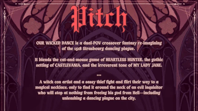 The pitch of my book in gothic font with a stained glass background