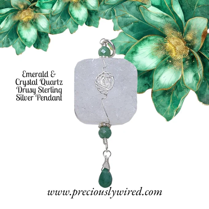 Stunning, limited edition, Sterling Emerald and white Crystal Quartz Druzy Sterling silver pendant. Available www.preciouslywired.com.

https://www.preciouslywired.com/product/emerald-crystal-quartz-druzy-sterling-silver-pendant

