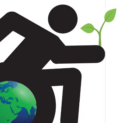 Stylized icon of a person in a wheelchair, with the wheel represented by a globe showing continents. The person is holding a green plant seedling, symbolizing the intersection of disability inclusion and environmental sustainability.