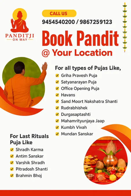 Book Expert Pandit for Puja with Samagri at Your Location – PanditJi On Way
Panditji on way: Trusted Pandit Services in India & Abroad for All Hindu Pujas
PanditJi On Way is India’s leading platform to book verified and experienced Hindu pandits for puja with complete puja samagri, now available not only across Indian cities but also internationally. We proudly serve the global Hindu community, ensuring that sacred rituals are performed accurately and traditionally, no matter where you are.

With over 12 years of experience, our mission is to make religious ceremonies simple, spiritual, and stress-free, with affordable dakshina, customized samagri, and dedicated pandits.

Why Choose PanditJi On Way?
✔ India’s Leading Pandit Booking Platform
✔ Service Available Across India and Abroad
✔ Verified, Experienced Vedic Pandits
✔ Complete Puja Samagri Included
✔ Transparent & Reasonable Pricing
✔ Easy Booking via Website, Phone, or Email 
https://panditjionway.com/book-panditji-online/