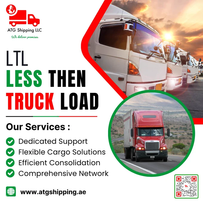 Red semi-truck driving on the highway for LTL service