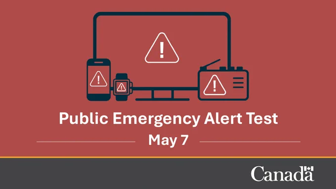 An illustration of a TV, a cellphone, a smartwatch, and a radio with the warning right icon on each screen. Text: Public Emergency Alert Test. Today.
