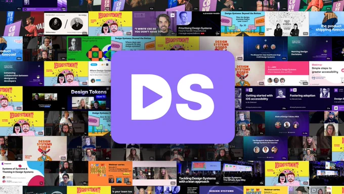 Grid of video thumbnails with the Design Systems Media logo on top.