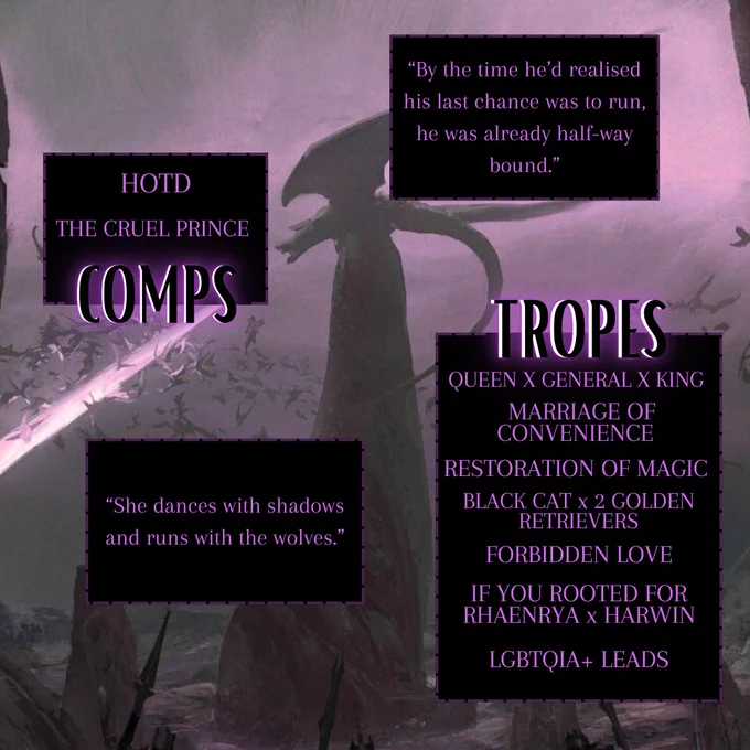 HOTD
THE CRUEL PRINCE
COMPS
"She dances with shadows and runs with the wolves."
"By the time he'd realised his last chance was to run, he was already half-way bound."
TROPES
QUEEN X GENERAL X KING
MARRIAGE OF CONVENIENCE
RESTORATION OF MAGIC
BLACK CAT X 2 GOLDEN
RETRIEVERS
FORBIDDEN LOVE
IF YOU ROOTED FOR RHAENRYA x HARWIN
LGBTQIA   LEADS


The background is a dragon perched atop a rocky fixture breathing fire at surrounding swarm of dragons. At the forefront knights stand armed to fight.