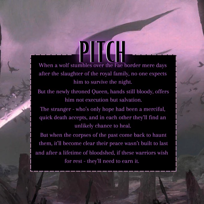 PITCH
When a wolf stumbles over the Fae border mere days after the slaughter of the royal family, no one expects him to survive the night.
But the newly throned Queen, hands still bloody, offers him not execution but salvation.
The stranger - who's only hope had been a merciful, quick death accepts, and in each other they'll find an unlikely chance to heal.
But when the corpses of the past come back to haunt them, it'll become clear their peace wasn't built to last and after a lifetime of bloodshed, if these warriors wish for rest - they'll need to earn it.

The background is a dragon perched atop a rocky fixture breathing fire at surrounding swarm of dragons. At the forefront knights stand armed to fight.