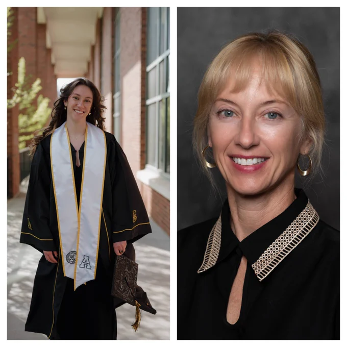 Left: A graduate in a cap and gown, holding a diploma, standing in a brick-walled corridor. Right: A professional portrait of a smiling individual with short blonde hair, wearing a black top and an intricate necklace.