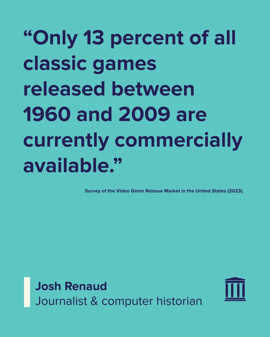 “Only 13 percent of all classic games released between 1960 and 2009 are currently commercially available.”

Survey of the Video Game Reissue Market in the United States (2023).

Josh Renaud
Journalist & computer historian
