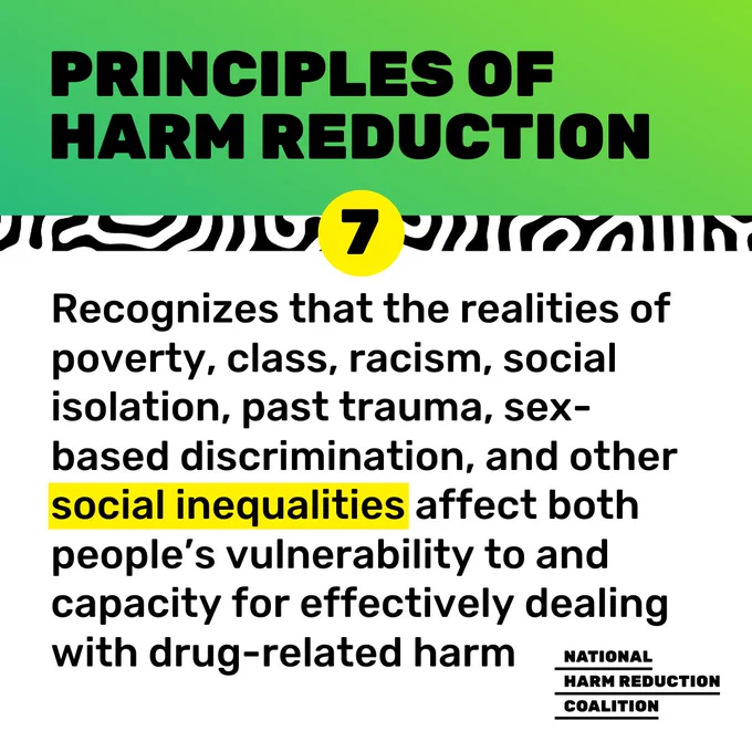 Green gradient background frames top of graphic, behind bold, all caps text in black reading, "PRINCIPLES OF HARM REDUCTION". Black-&-white maze-like pattern placed below this, w/ the number "7" @ center. Black text over white background below reads, "Recognizes that the realities of poverty, class, racism, social isolation, past trauma, sex-based discrimination, and other social inequalities affect both people’s vulnerability to and capacity for effectively dealing with drug-related harm". Same logo placement.
