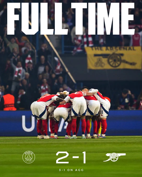 Full time: PSG 2-1 Arsenal (3-1 on aggregate)
