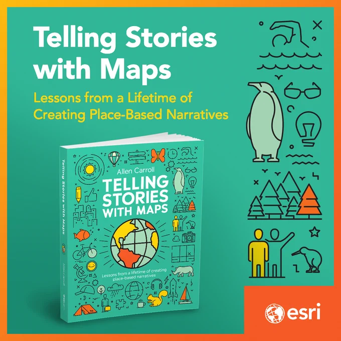 A 3D version of the book Telling Stories with Maps appears below the book title in white and yellow text. The background shows the same seafoam green as the book's cover, with the icons from the cover shown on the right of the text and book.
