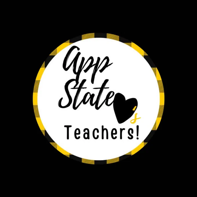A white circle bordered by black and gold plaid contains "App State (hearts) Teachers!". 
