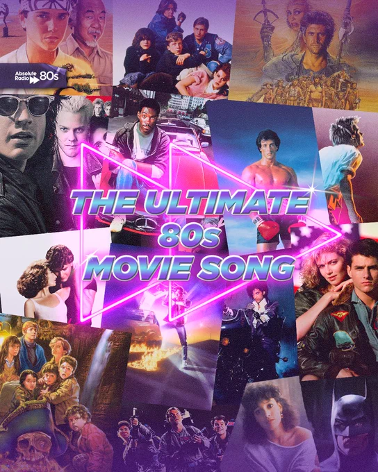 Image titled "The Ultimate 80s Movie Song" featuring a collage of various iconic film scenes and stars from the 1980s.