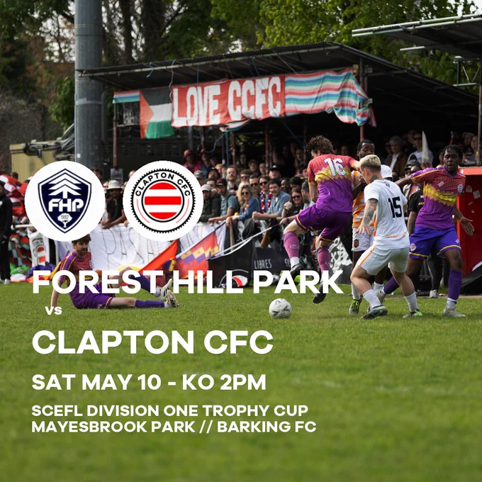 Forest Hill Park vs Clapton Community FC takes place on Saturday, May 10 2025 with a 2pm kick off at Mayesbrook Park, Lodge Avenue, Dagenham, RM8 2JR
