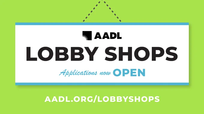 Green graphic with a sign hanging saying "AADL Lobby Shops, Applications Now Open" with the url aadl.org/lobbyshops