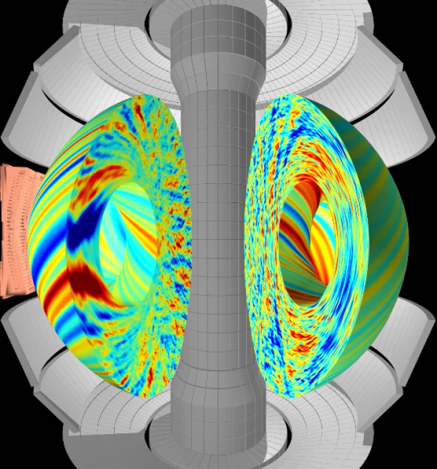 Computer simulation of swirling plasma inside a tokamak, which looks like multi-colored plasma around a column in a spherical device