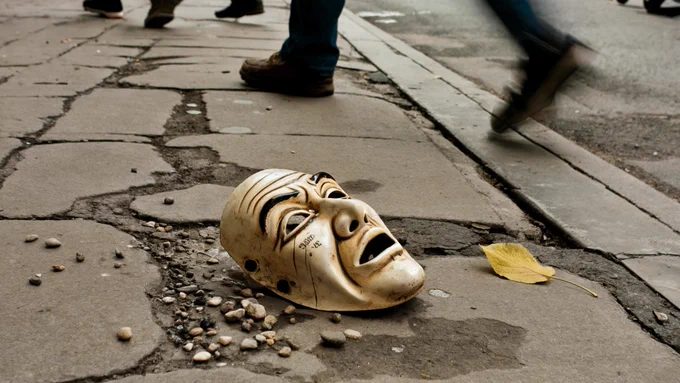 A dramatic photograph of a traditional Japanese Noh theater mask lying on a cracked concrete sidewalk. The mask is cream-colored with intricate carved lines and patterns, featuring a wide-open mouth and elongated eyes with dramatic shading. The mask is positioned in the center of the frame, surrounded by small pebbles and stones scattered on the ground. In the background, there are blurred figures of people walking, with their feet and legs visible at the top of the frame. A single yellow autumn leaf lies near the mask. The concrete sidewalk shows weathered, broken sections with visible cracks and patches. The lighting is natural and muted, creating subtle shadows beneath the mask. The composition has a moody, artistic quality with the mask as the clear focal point against the urban street setting.
