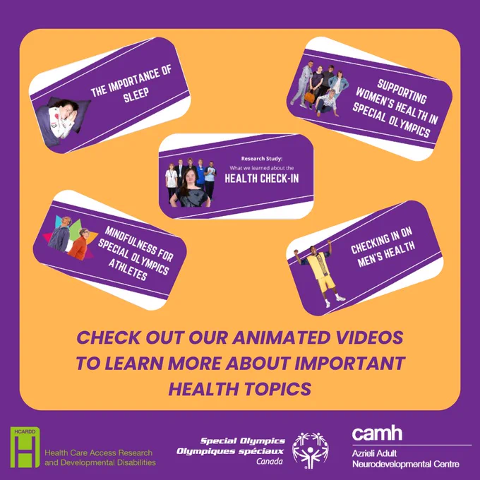A purple and yellow poster promoting animated videos about health topics. The text reads "Check out our animated videos to learn more about important health topics" and has pictures of 5 title slides of the videos.