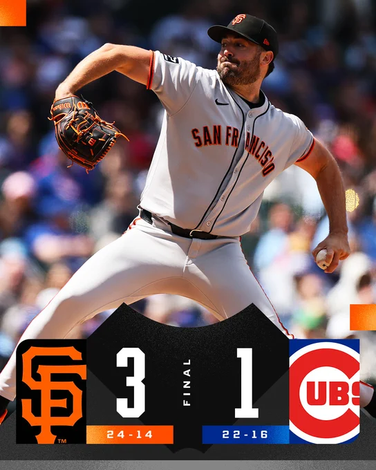 Final: San Francisco Giants 3 (24-14), Chicago Cubs 1 (22-16)
Pictured: Robbie Ray delivers a pitch against the Chicago Cubs during the second inning. He is wearing a gray San Francisco Giants away jersey and black hat.