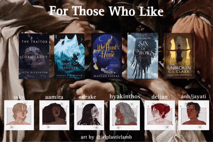 Over a painting of hands reaching for one another, the title of the card is “For Those Who Like”. There are five books listed: The Traitor Baru Cormorant, Game of Thrones, We Hunt the Flame, Six of Crows, and The Unbroken.
Along the bottom, there are six character portraits by @irlplasticlamb. From left to right: Soky, Aamira, Drake, Hyakinthos, Delian, and Ánh/Jayati. The first three face the last three.