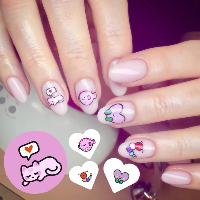 Photo of my hands showing 4 hand painted Figpals (cat, fish, heart, caterpillar), with images of the original designs overlaid.