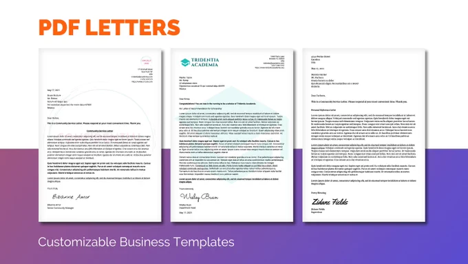 Included text: ‘PDF Letters’ and ‘Customizable Business Templates.’ The image displays three professional letter templates arranged horizontally side by side, showcasing different business letter layouts and designs that can be generated as PDFs.