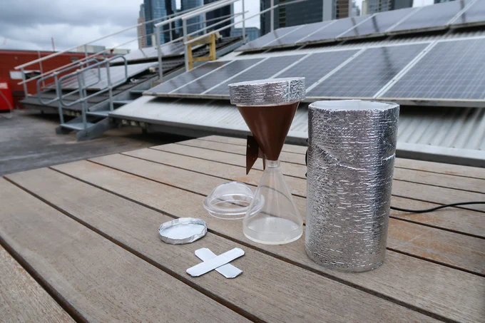 The invention with a sponge-like material, developed by researchers in Australia and China, absorbs water from the atmosphere and then releases it in a cup using the sun’s energy. 