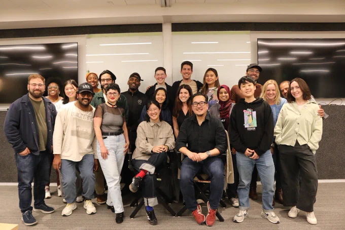 Group photo of Film Independent 2025 Project Involve Fellows with Project Involve Editing Fellow Harry Yoon and 2024 Project Involve Editing Fellow Tiffany Lin.