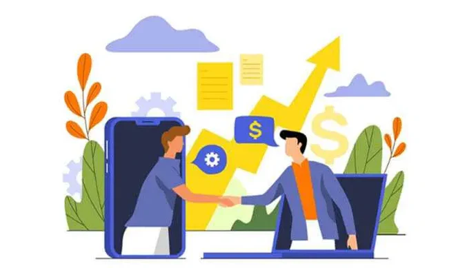 Illustration of two people shaking hands through digital devices, symbolizing successful overseas online shopping and value added services for international transactions.