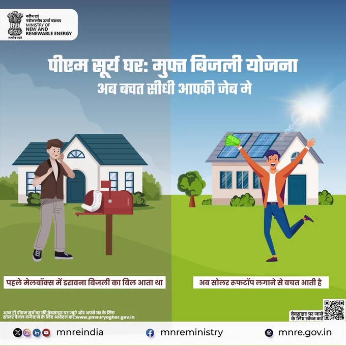 Illustration showing the benefits of solar rooftops under the PM Surya Ghar Muft Bijli Yojana. Left side shows a worried man receiving a high electricity bill. Right side shows a happy man holding money in front of a house with rooftop solar panels and bright sun. Text reads: “Now savings go straight to your pocket”. Promotes solar rooftop adoption and electricity savings.