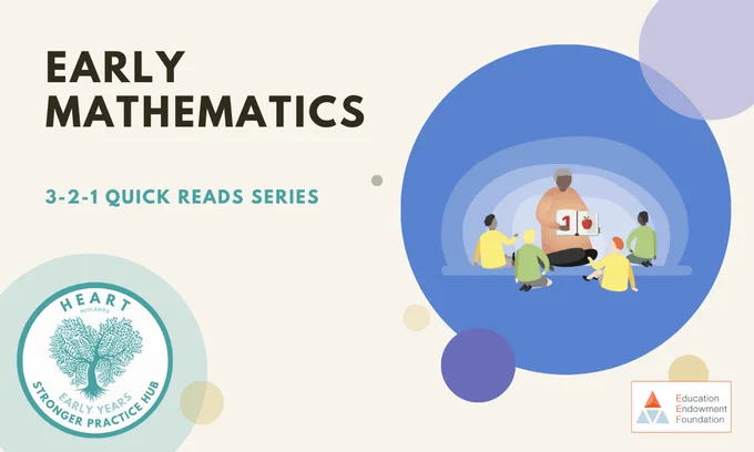 Graphic image promoting the 'Early Mathematics' download from our 3-2-1 Quick Reads series - helping practitioners explore the 6 key themes of the EEF's Early Years Evidence Store.