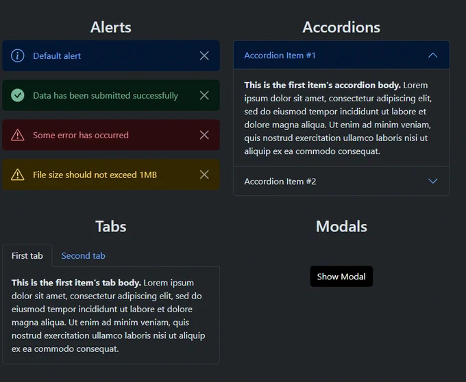 UI components demonstration: Alerts, Accordions, Tabs, Modals