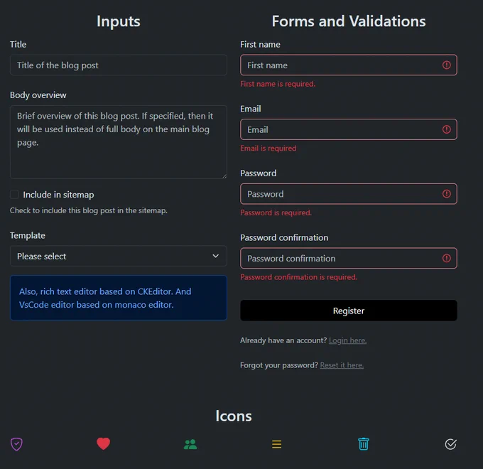 UI components demonstration: Inputs, Forms, Icons
